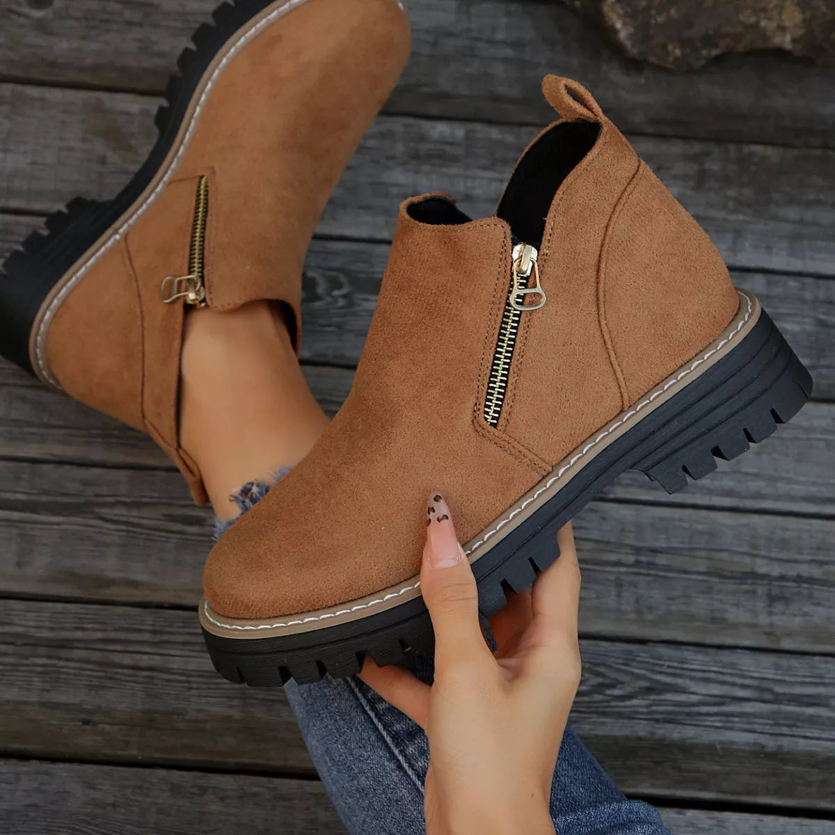 Ankle Boots with Zipper Detail - Brown - View 9