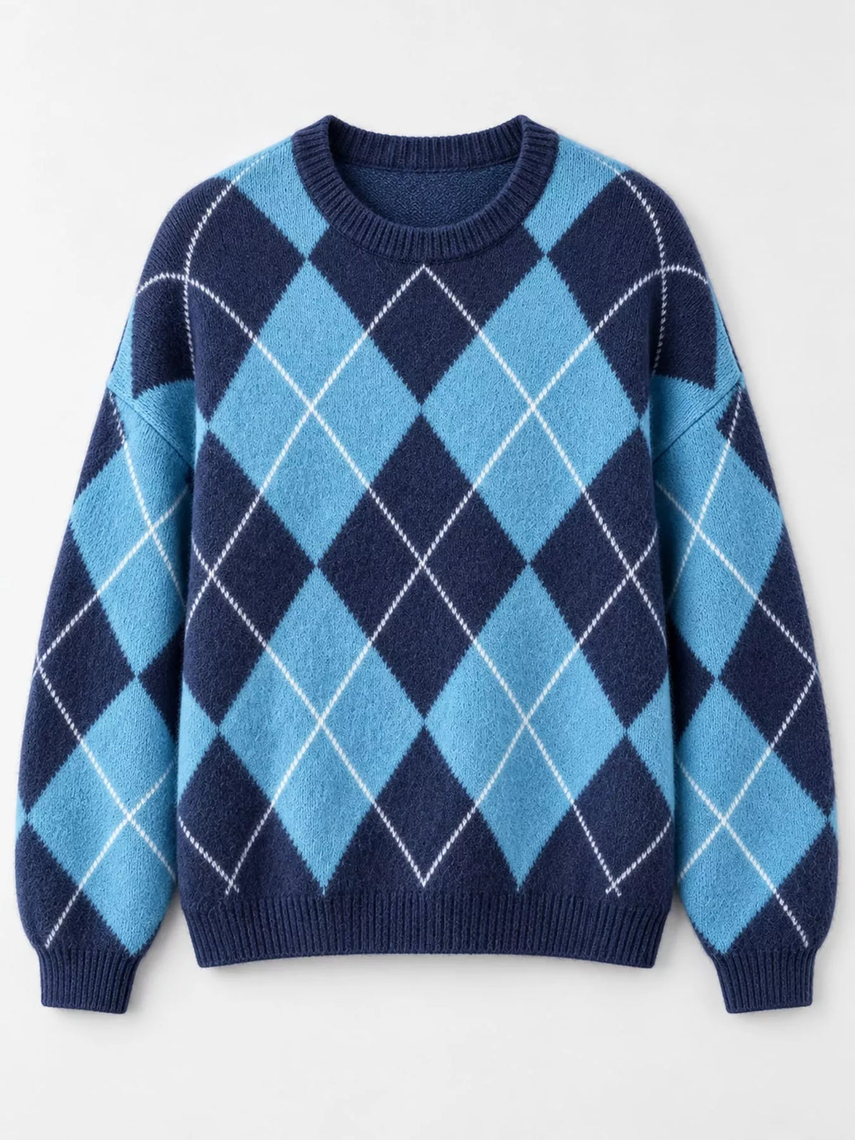 Argyle Pattern Fuzzy Knit Sweater - Royal Blue - View 29