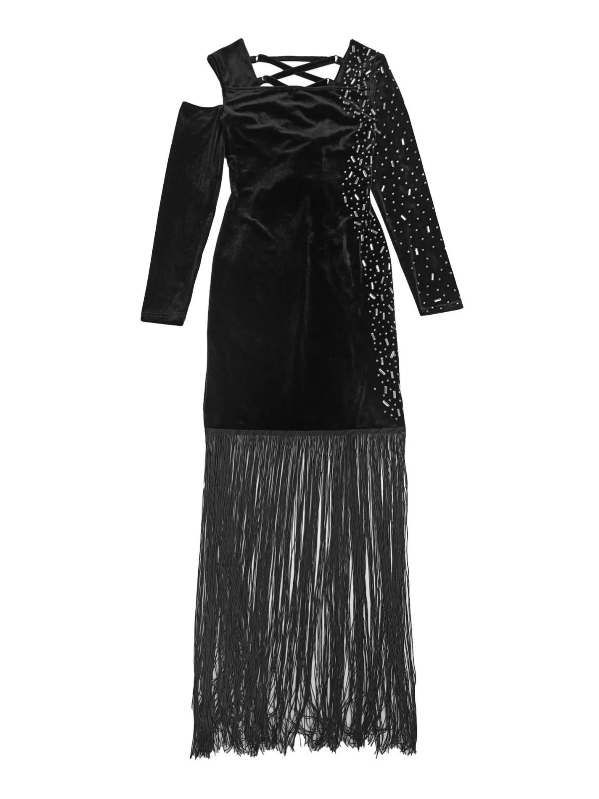 Asymmetrical Rhinestone Fringe Dress - Black - View 6