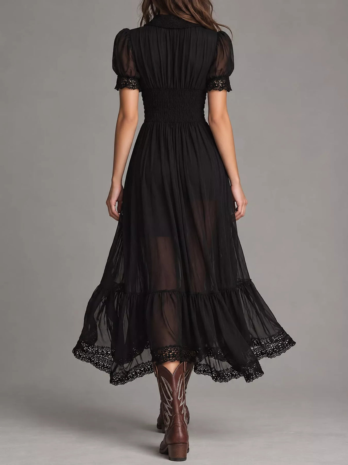 Button-Down Midi Dress with Lace Trim - Black - View 4