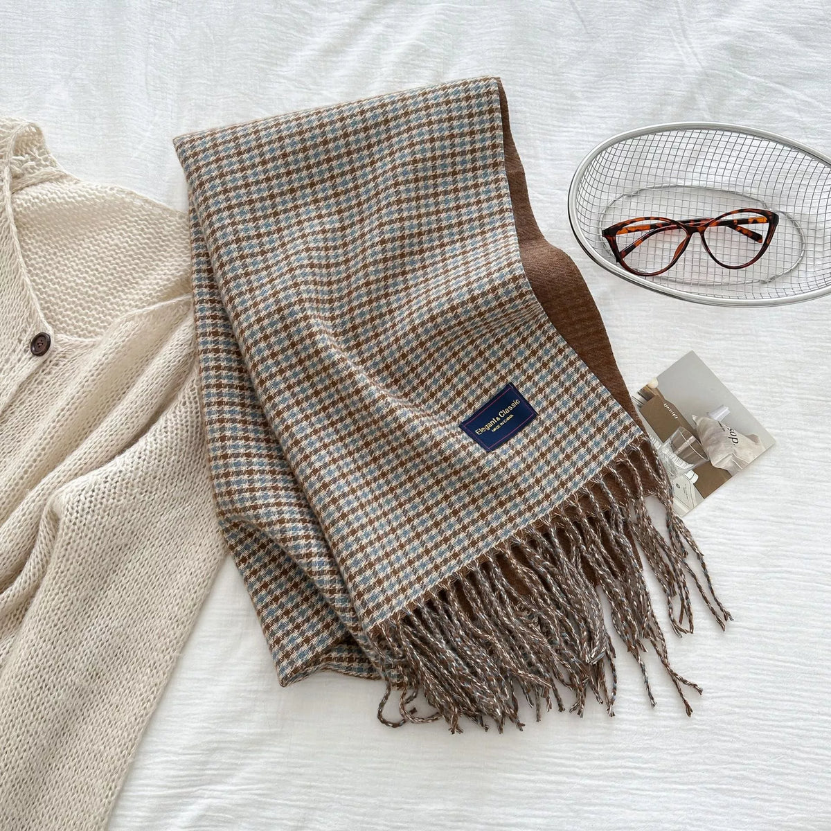 Plaid Fringe Warm Winter Scarf - Gray - View 9