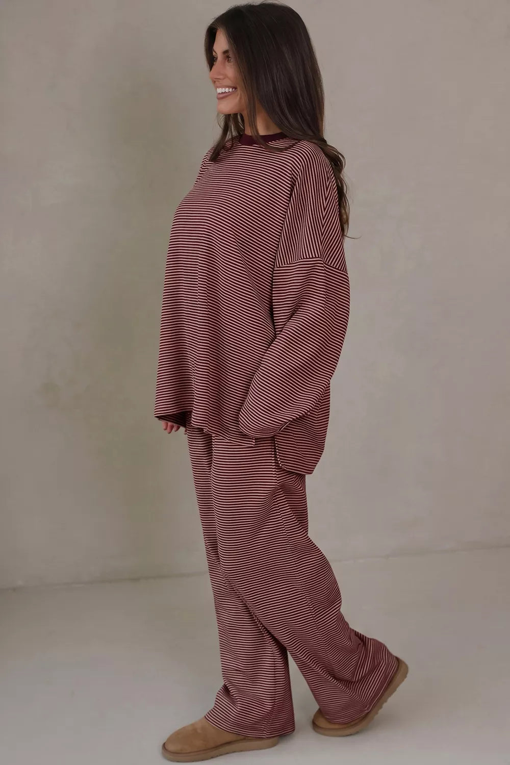 Striped Long Sleeve Top and Wide Leg Pants Set - Brown - View 3