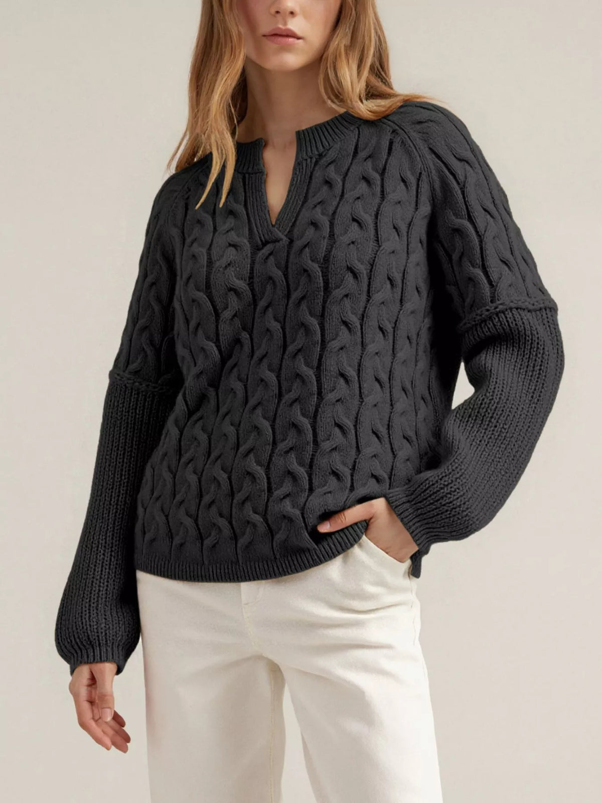 Cable-Knit Dropped Shoulder Sweater - Black - View 1