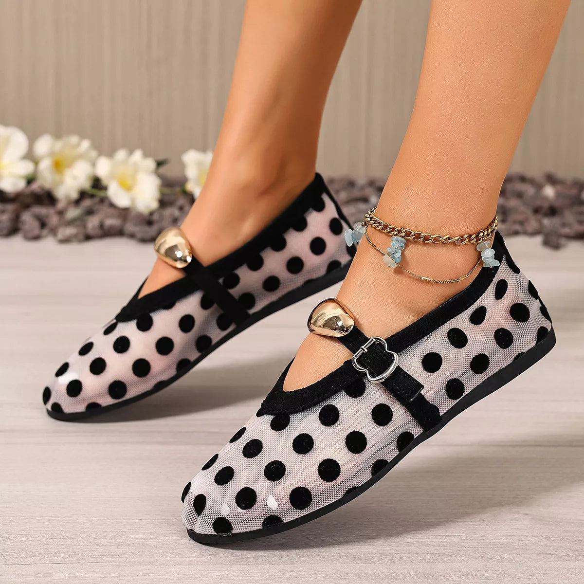 Polka Dot Mesh Slip-Ons - Cream White - View 2