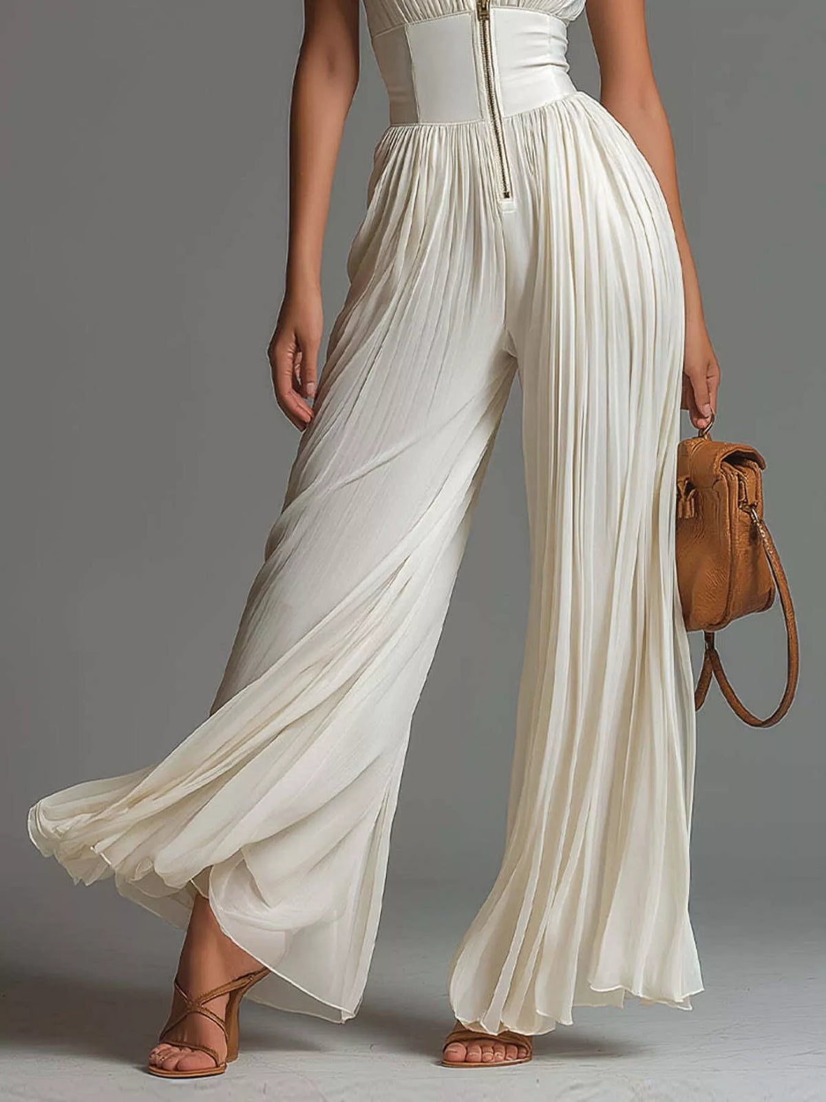 Sleeveless Pleated Jumpsuit with Front Zipper - Cream - View 2