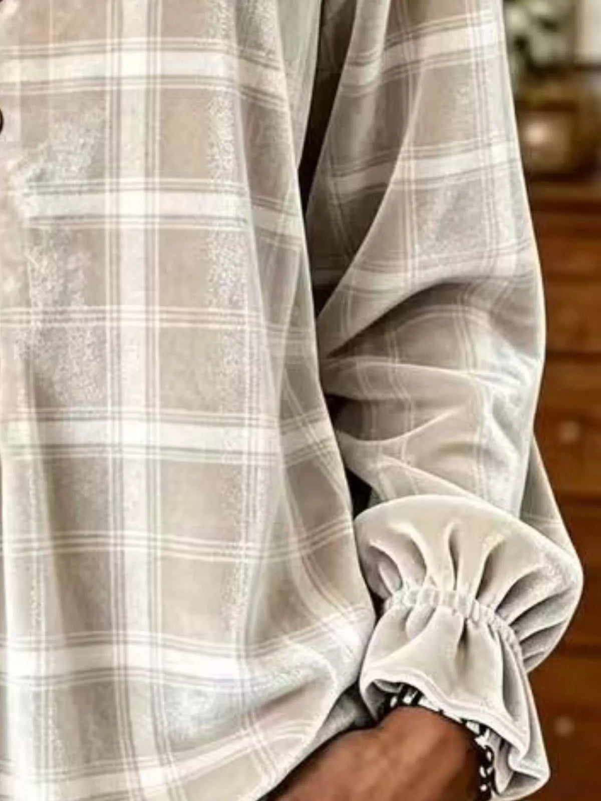 Full Size Plaid Velvet Flounce Sleeve Blouse Plus Size - Khaki - View 2
