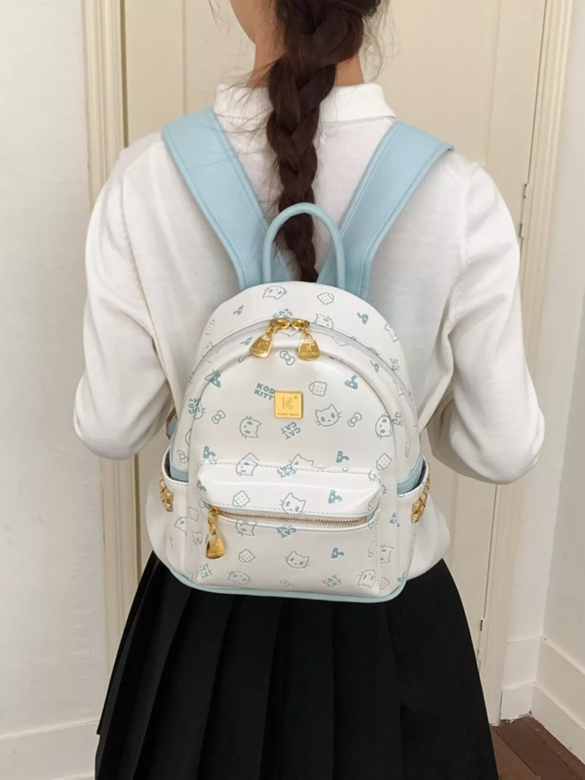 Cartoon Pattern Backpack Bag with Bear Pendant - Pastel Blue - View 4