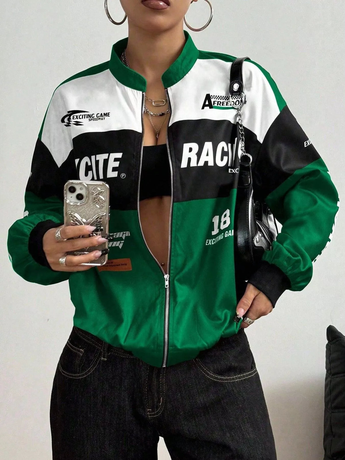 Letter Print Zip Up Jacket - Green - View 1