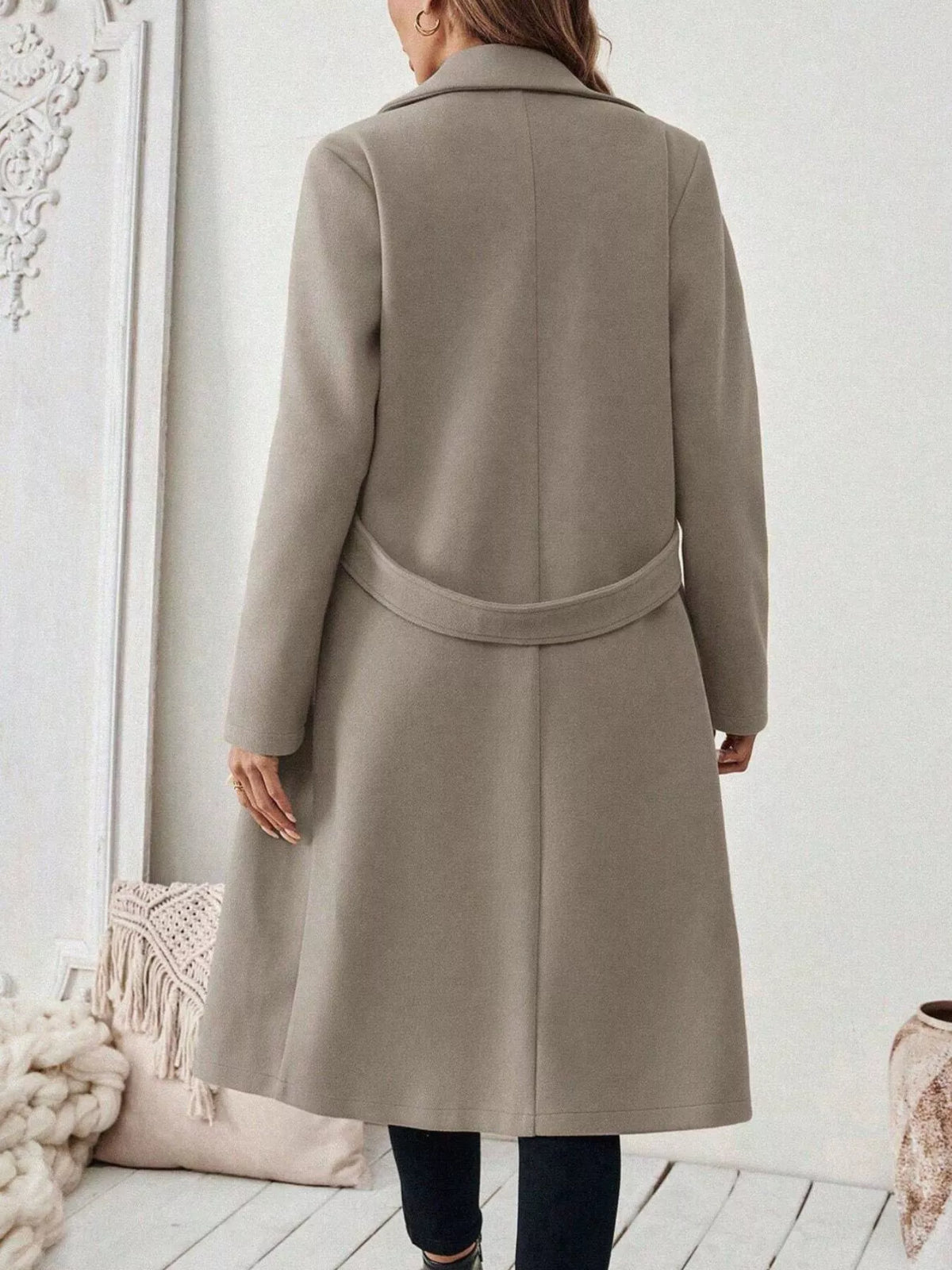 Lapel Collar Longline Coat - Khaki - View 3