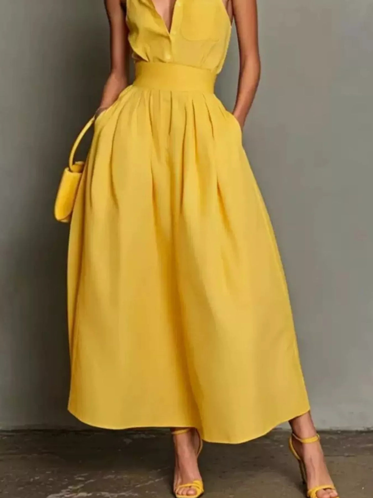 Sleeveless Collared A-Line Midi Dress - Yellow - View 3