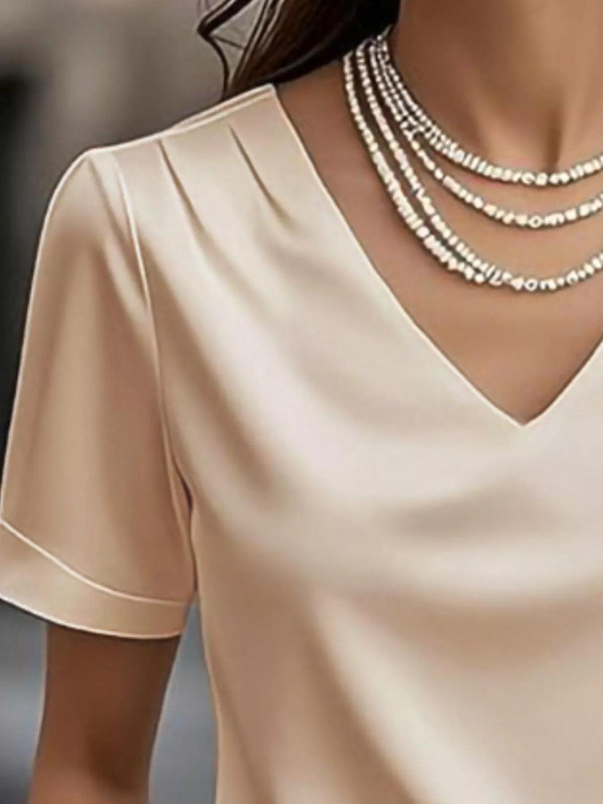 Elegant V-Neck Short Sleeve Ruched Top - Beige - View 12