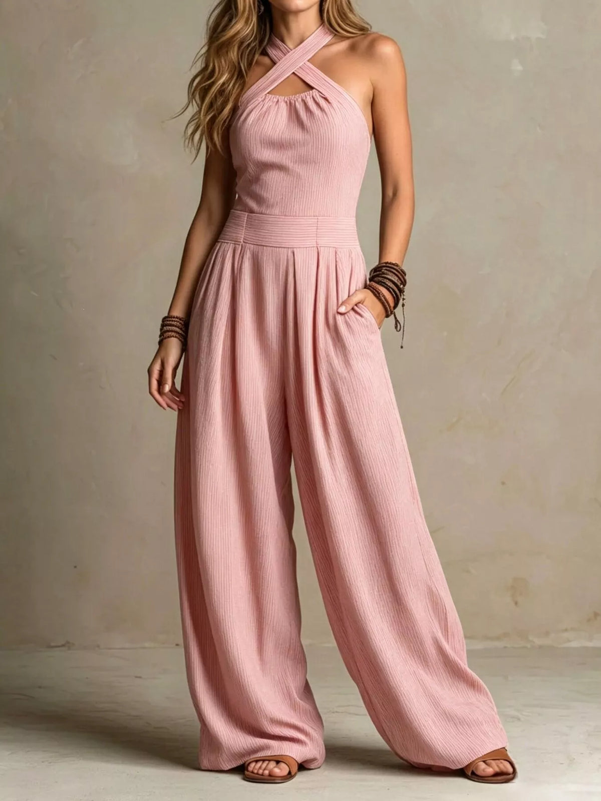 Halter Neck Wide-Leg Jumpsuit with Pockets - Pink - View 1