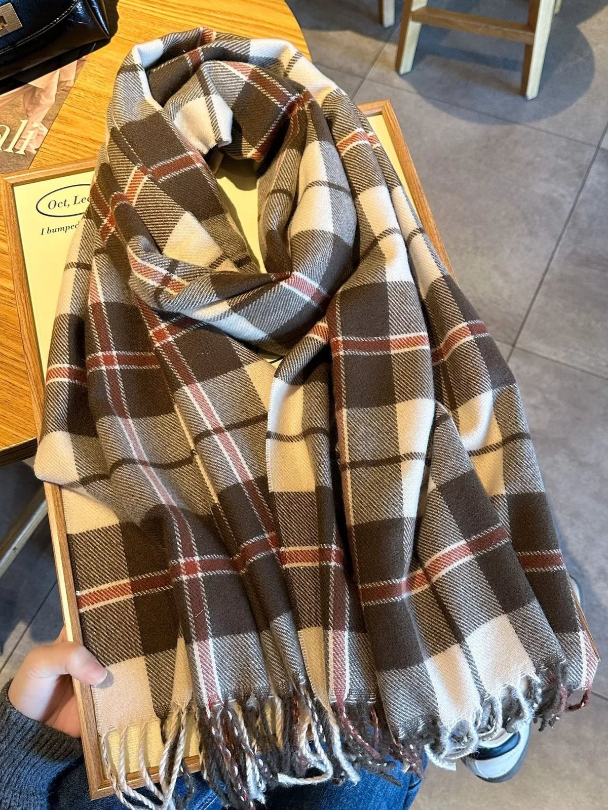 Classic Plaid Fringe Scarf - Taupe - View 12