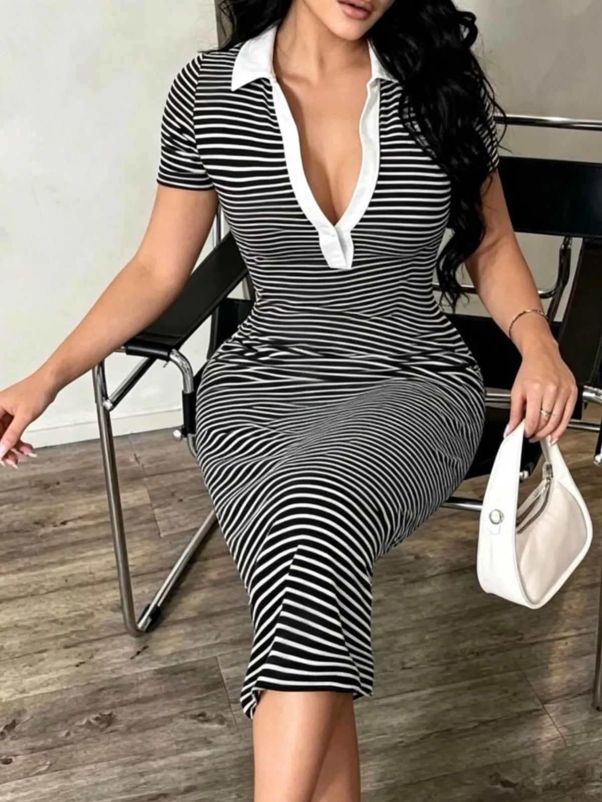 Striped Short Sleeve Bodycon Midi Dress - Black - View 1