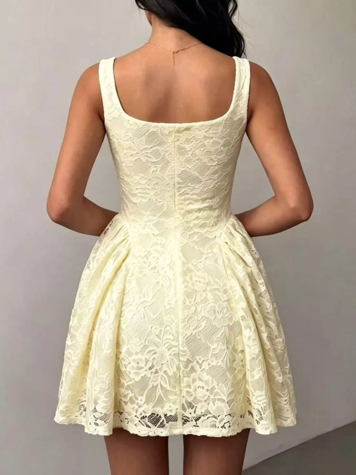 Floral Lace Square Neck Mini Dress - Yellow - View 2