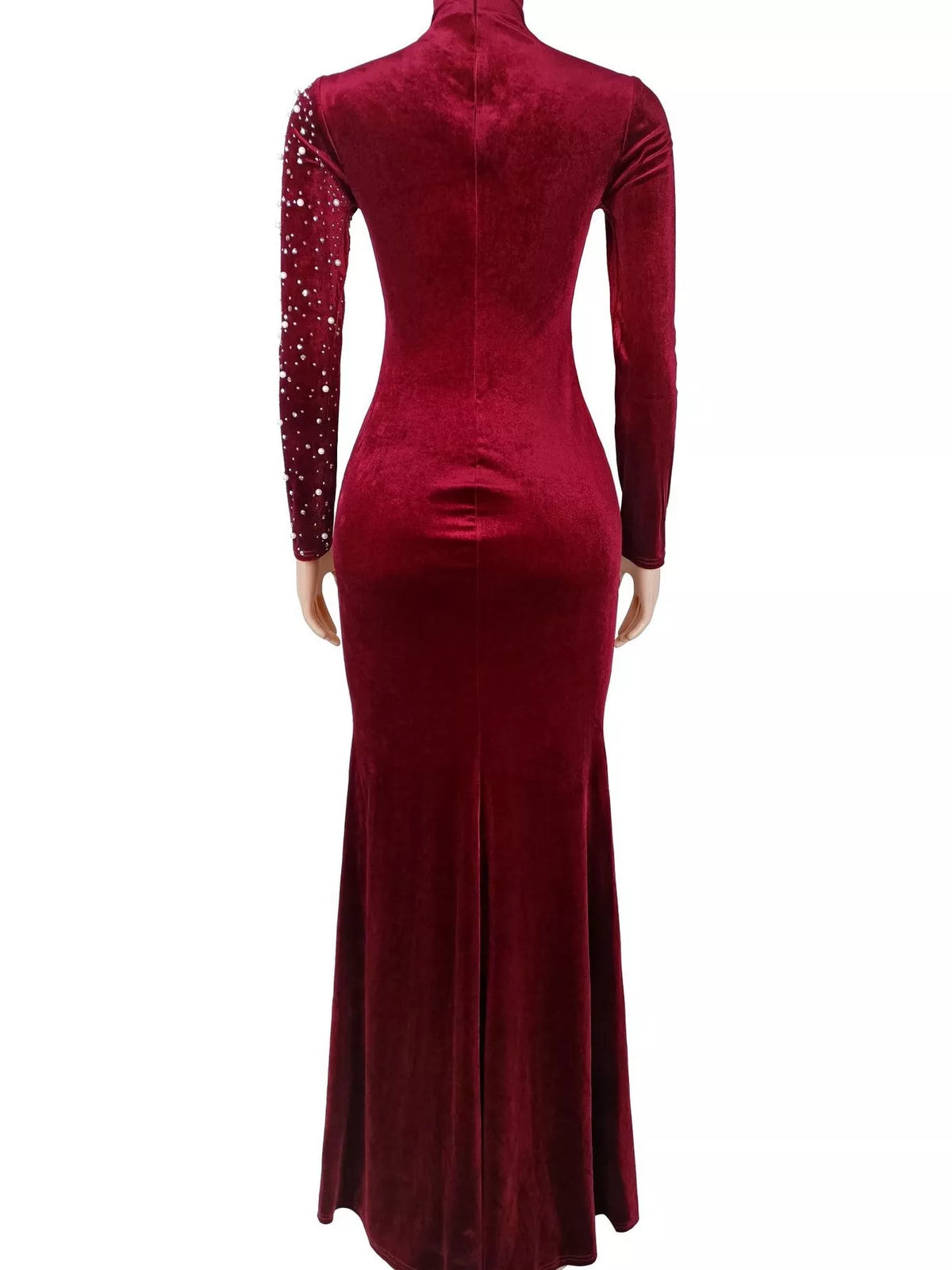 Rhinestone Embellished Velvet Mermaid Evening Maxi Dress - Burgundy - View 5