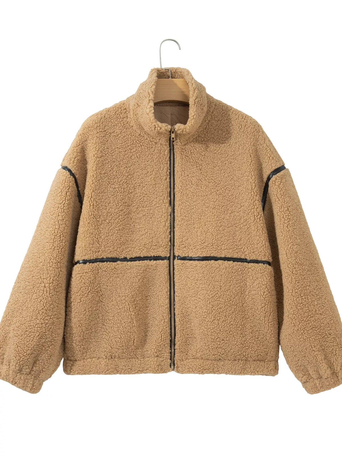 Drop Shoulder Collar Long Sleeve Fleece Regular Fit Jacket - Camel - View 11