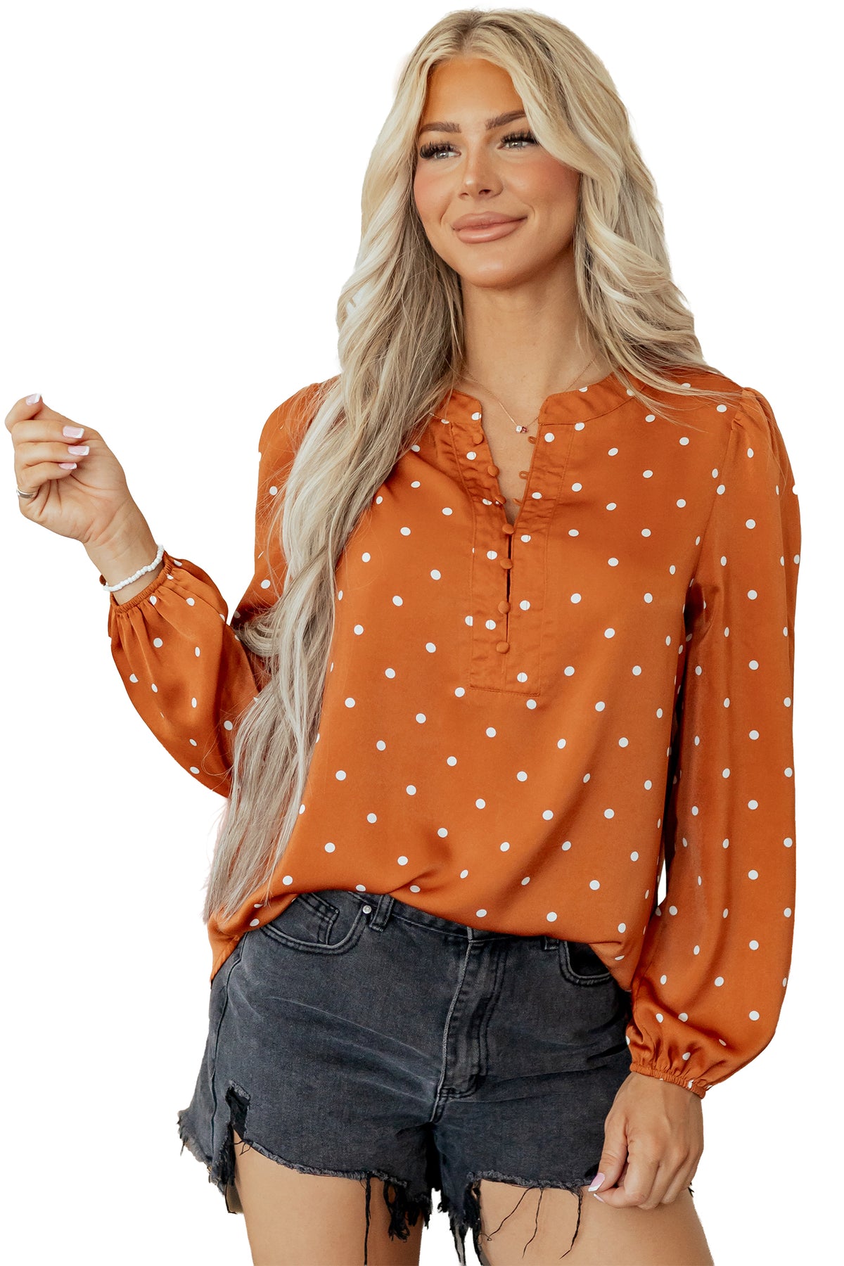 Brown Polka Dot Half Button V Neck Long Sleeve Blouse - product photo 16