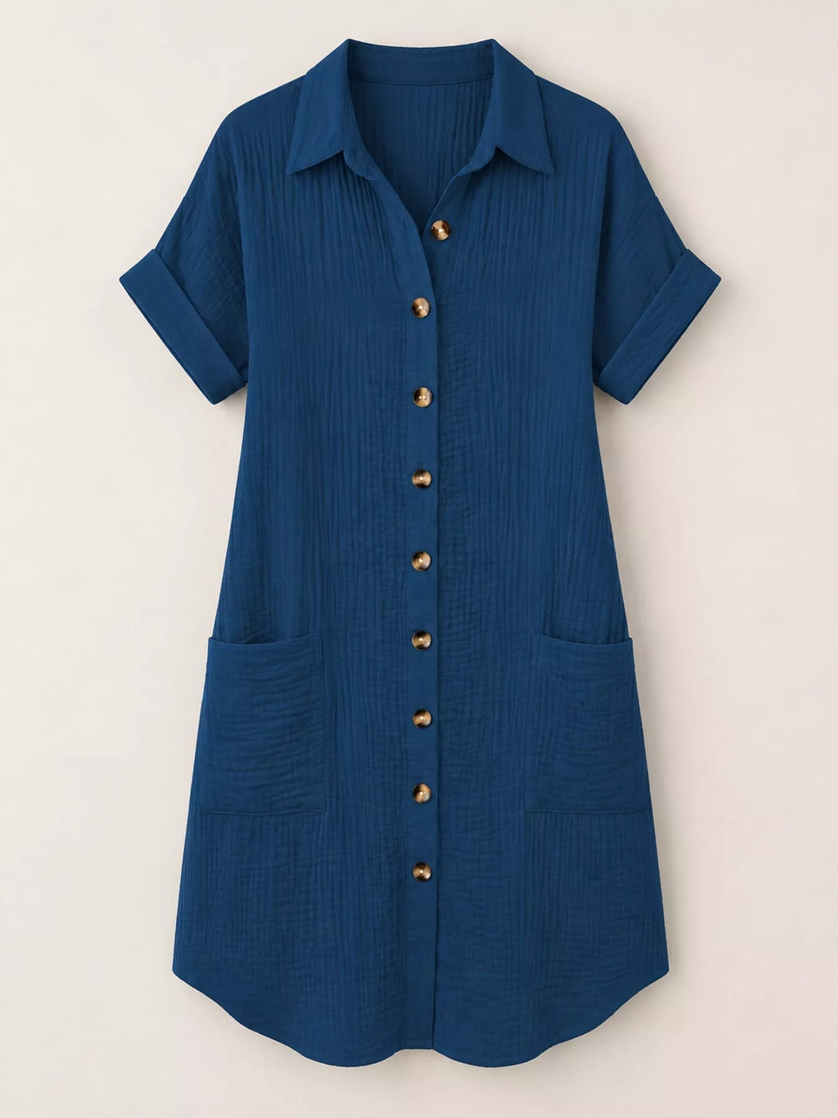 Full Size Button-Down Textured Shirt Dress with Pockets Plus Size - Dark Blue - View 20