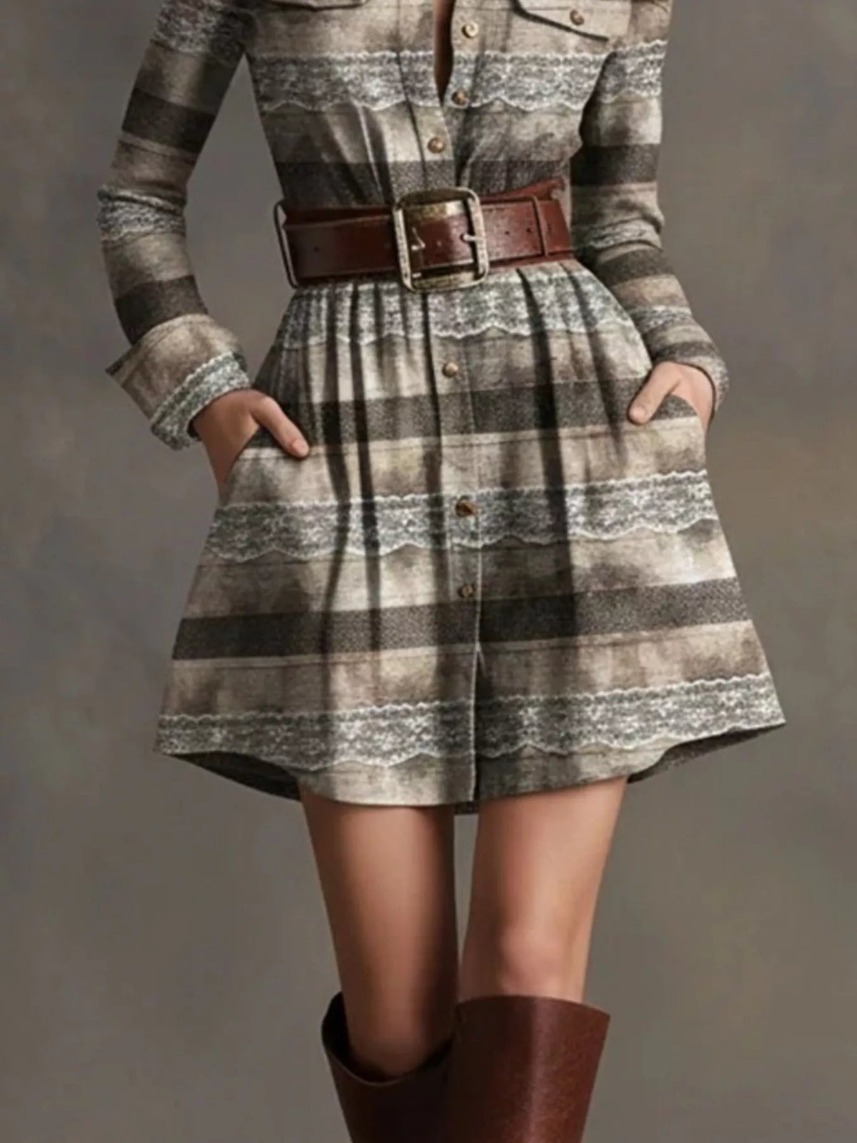 Plaid Long Sleeve Shirt Dress - Gray - View 2