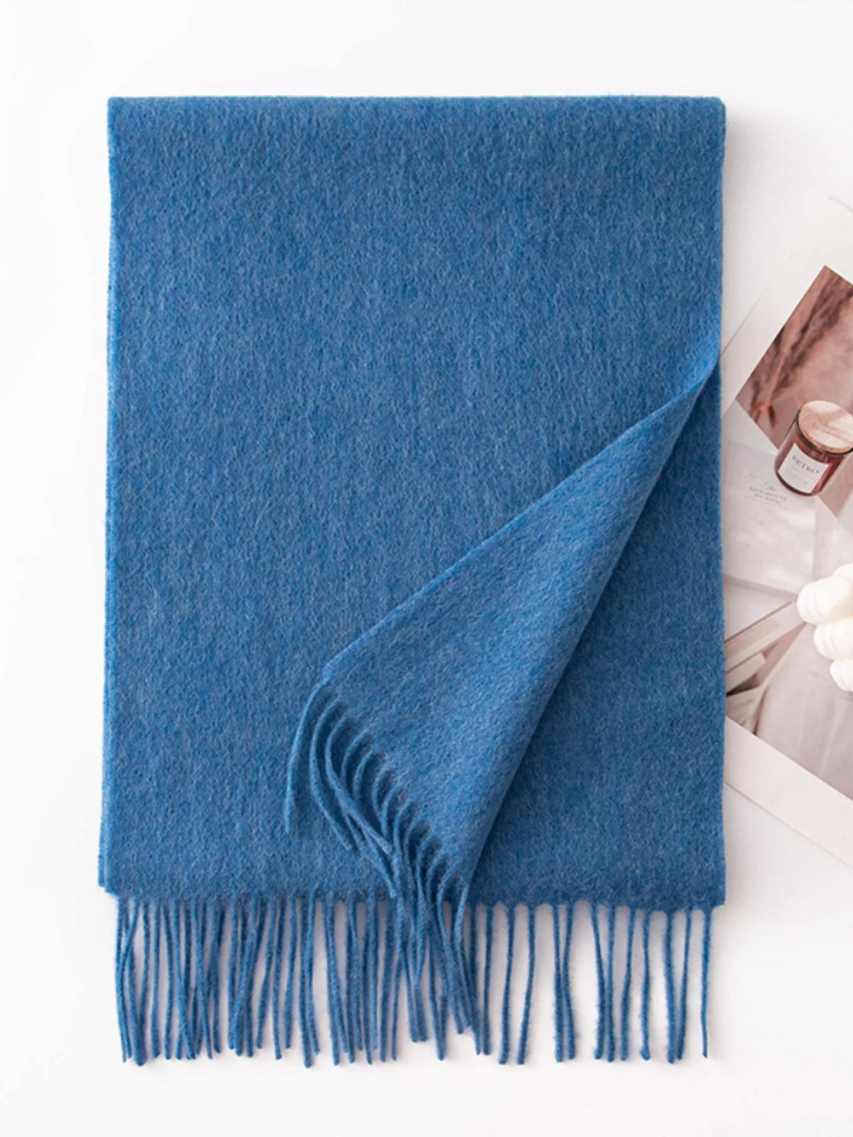 Solid Color Fringe Scarf - Indigo - View 11