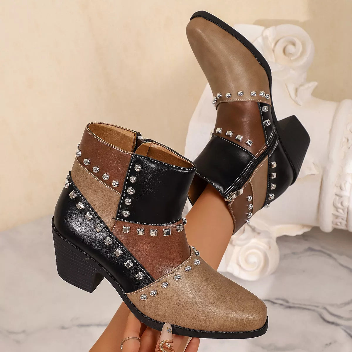 Point Toe Block Heels Boots - Khaki - View 7