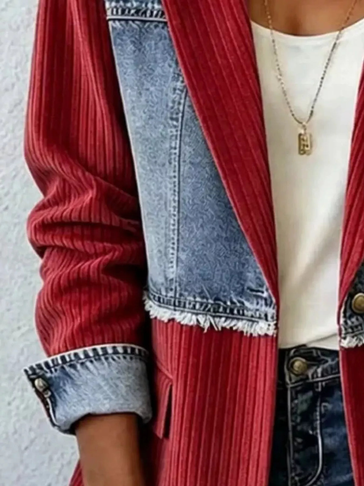 Full Size Patchwork Denim Ribbed Blazer Plus Size - Burgundy - View 2