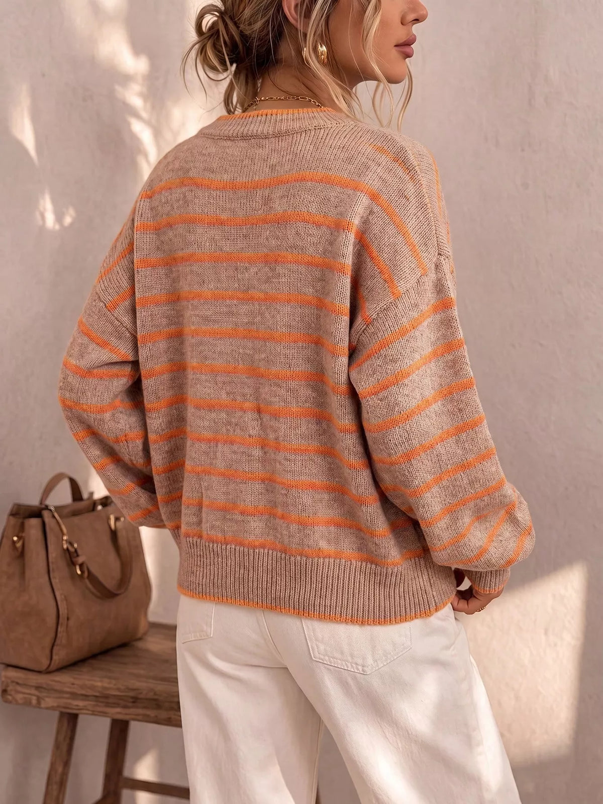 Striped Button-Down Knit Cardigan - Caramel - View 8