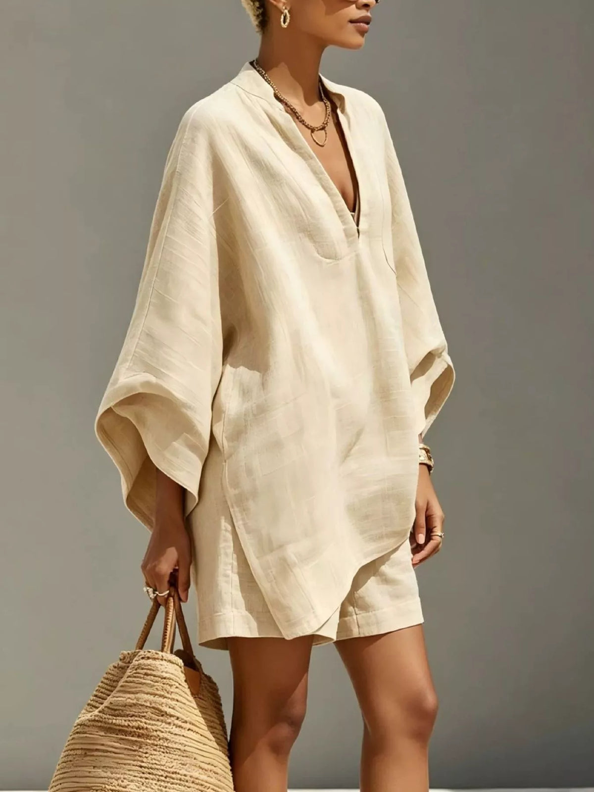 Full Size Solid Color Loose Fit Top and Shorts Set Plus Size - Beige - View 2