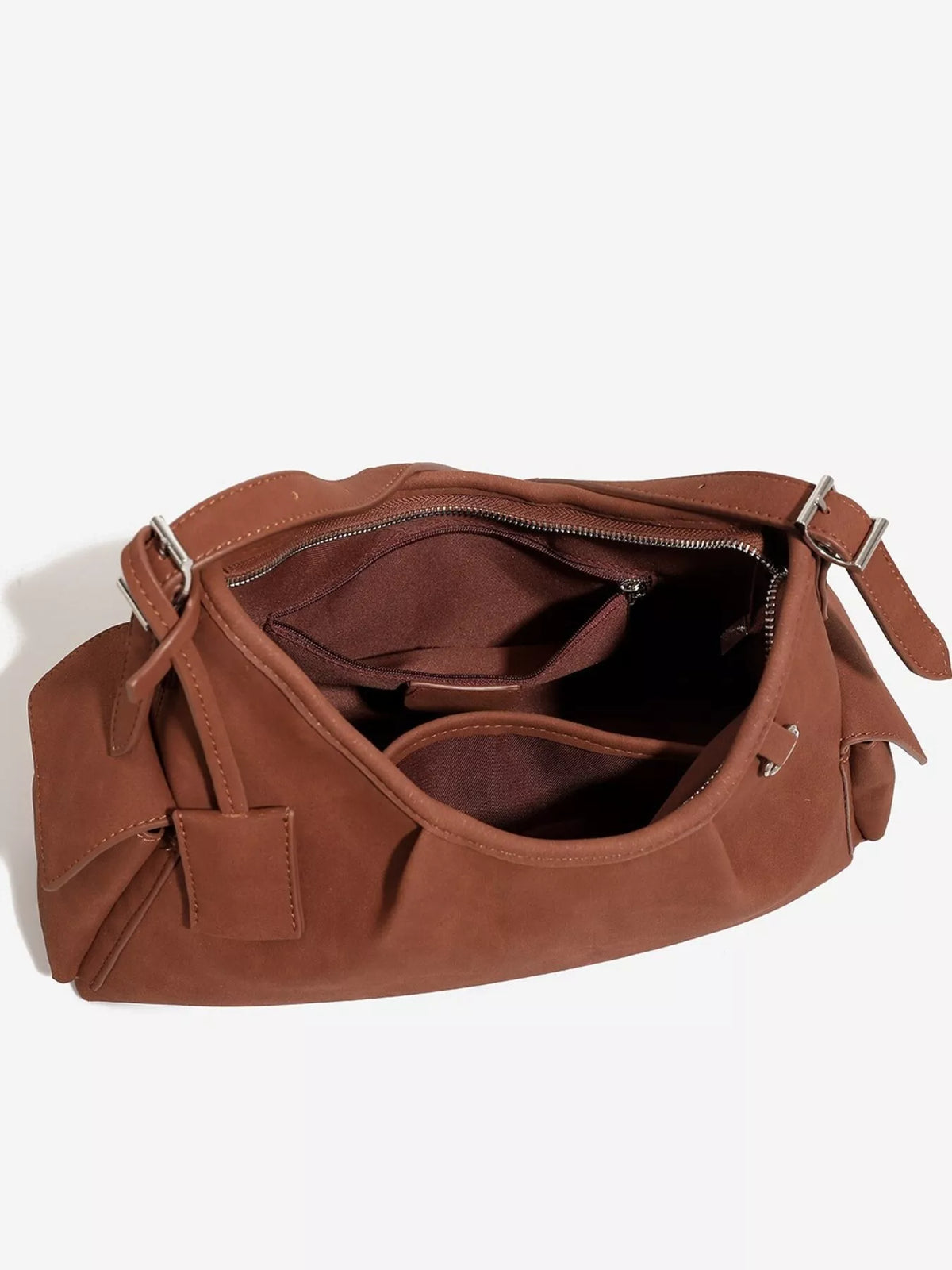 Suede Ruched Shoulder Bag - Brown - View 6