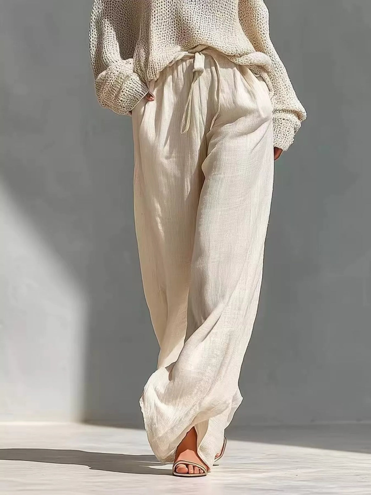 Cold Shoulder Turtleneck Top and Wide-Leg Pants Set - Beige - View 3