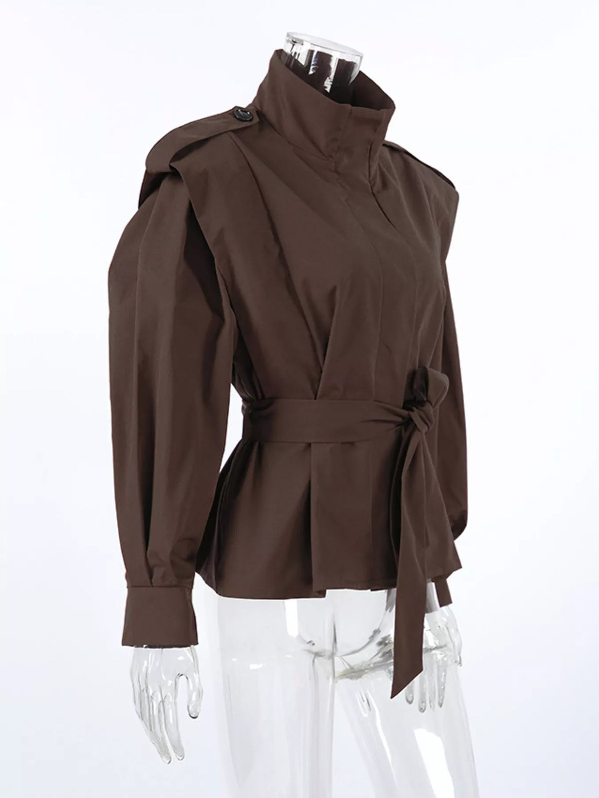 Stand-Collar Belted Outerwear - Brown - View 10
