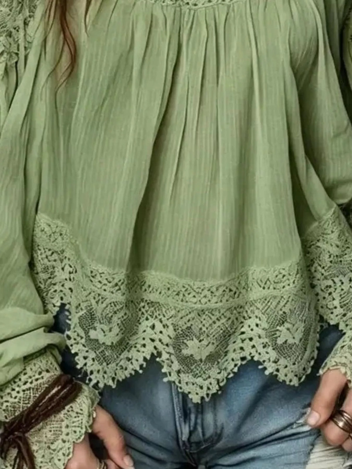 Lace Trim Cold Shoulder Blouse - Green - View 2