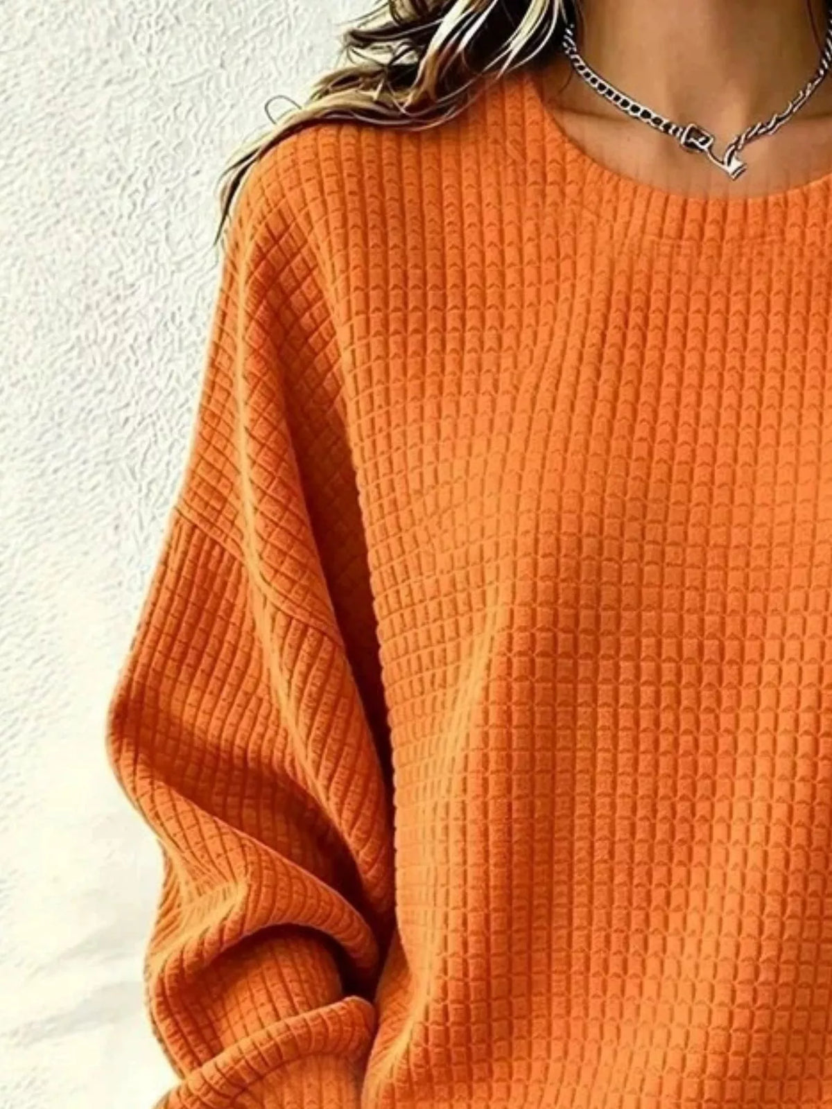 Full Size Waffle Knit Long Sleeve Crew Neck Sweatshirt Plus Size - Orange - View 2