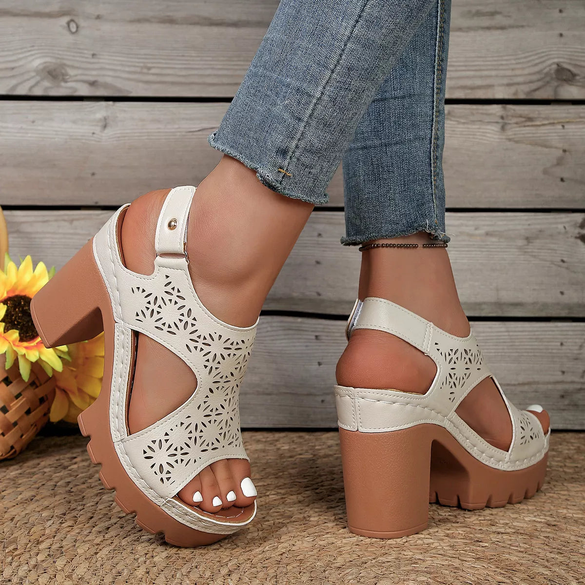 Open Toe Block Heels Sandals - White - View 9