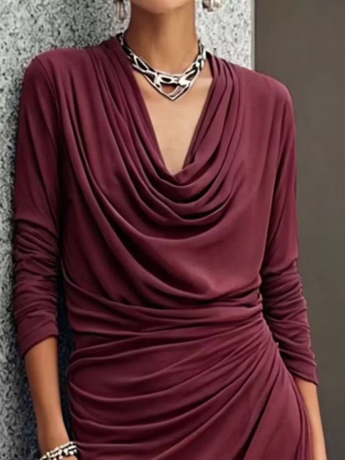 Cowl Neck Long Sleeve Maxi Dress - Wine Red - View 2