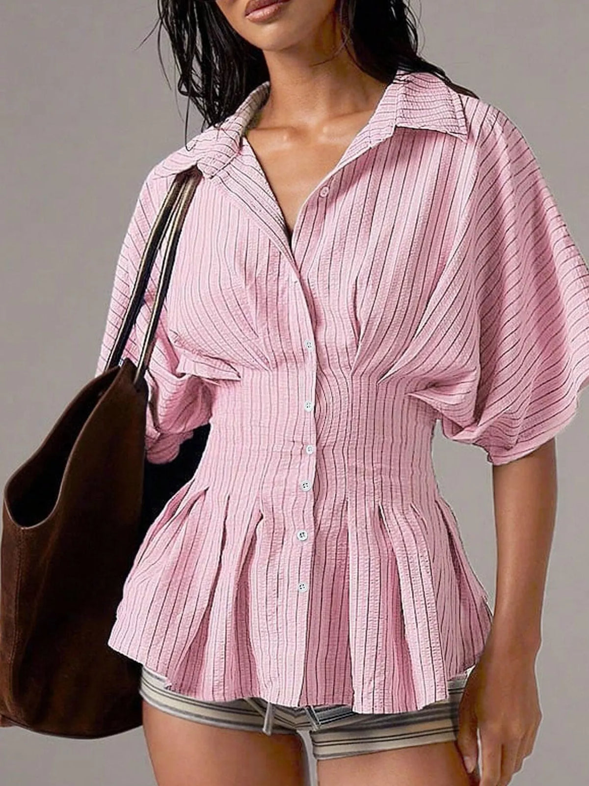Striped Cinched Waist Shirt - Pink - View 13