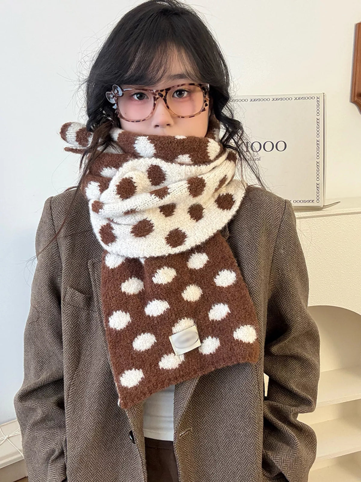 Polka Dot Knitted Scarf - Brown - View 12