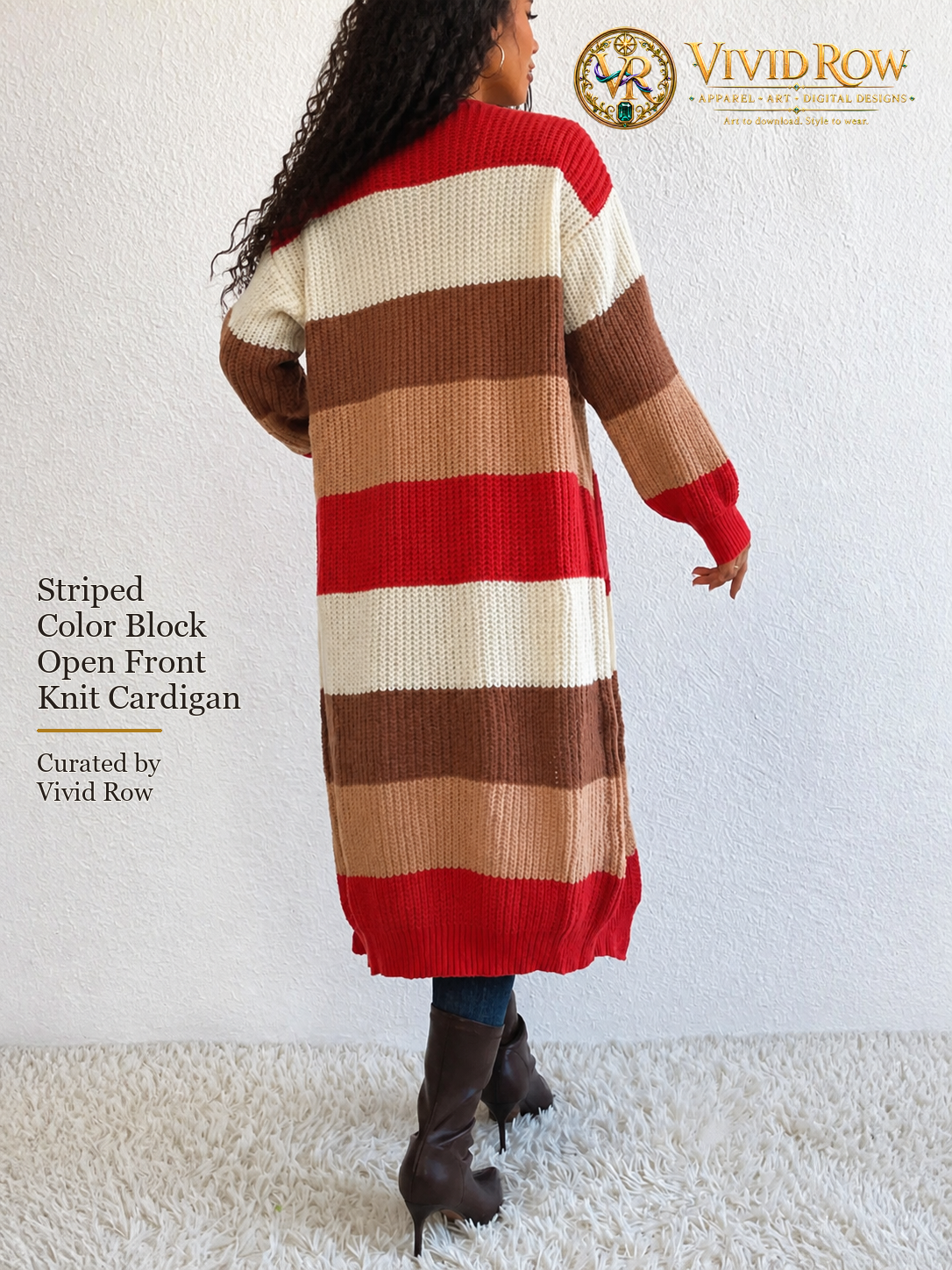 Striped Color Block Open Front Knit Cardigan - Multicolor - Rear Walking View