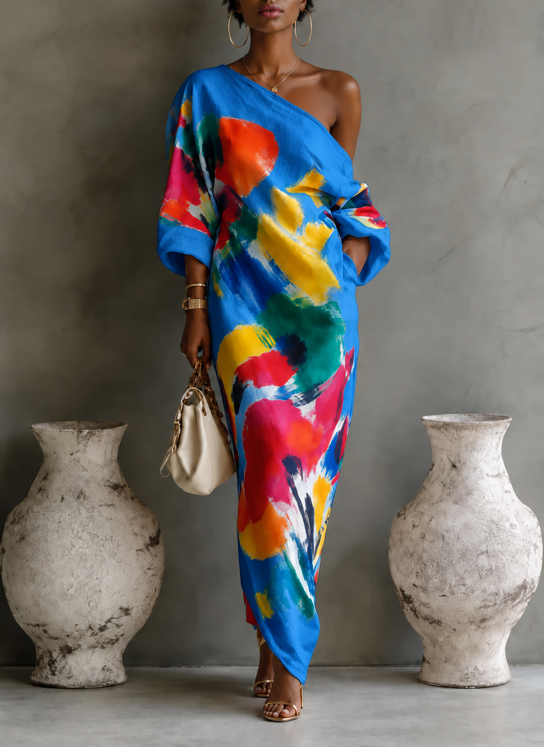 Full Size One-Shoulder Abstract Print Loose Fit Maxi Dress Plus Size - Blue - AI-edited model with gold hoop earrings