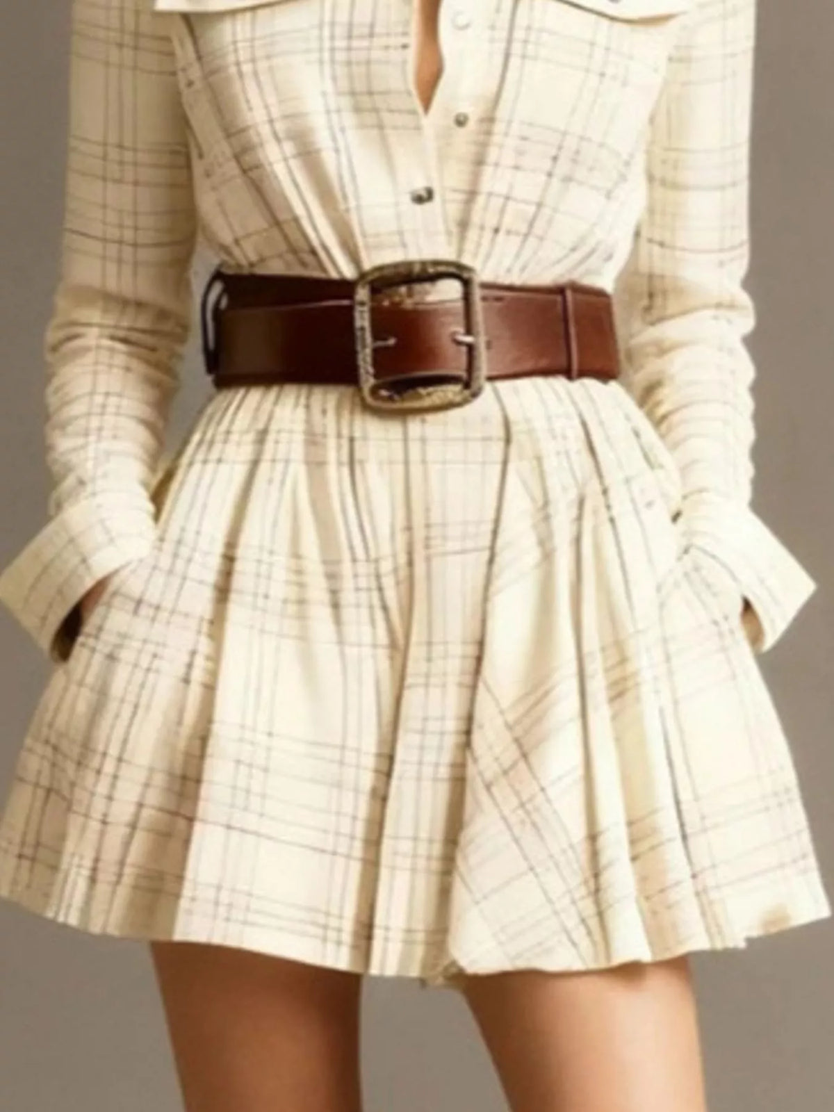 Plaid Long Sleeve Shirt Dress - Cream - View 2