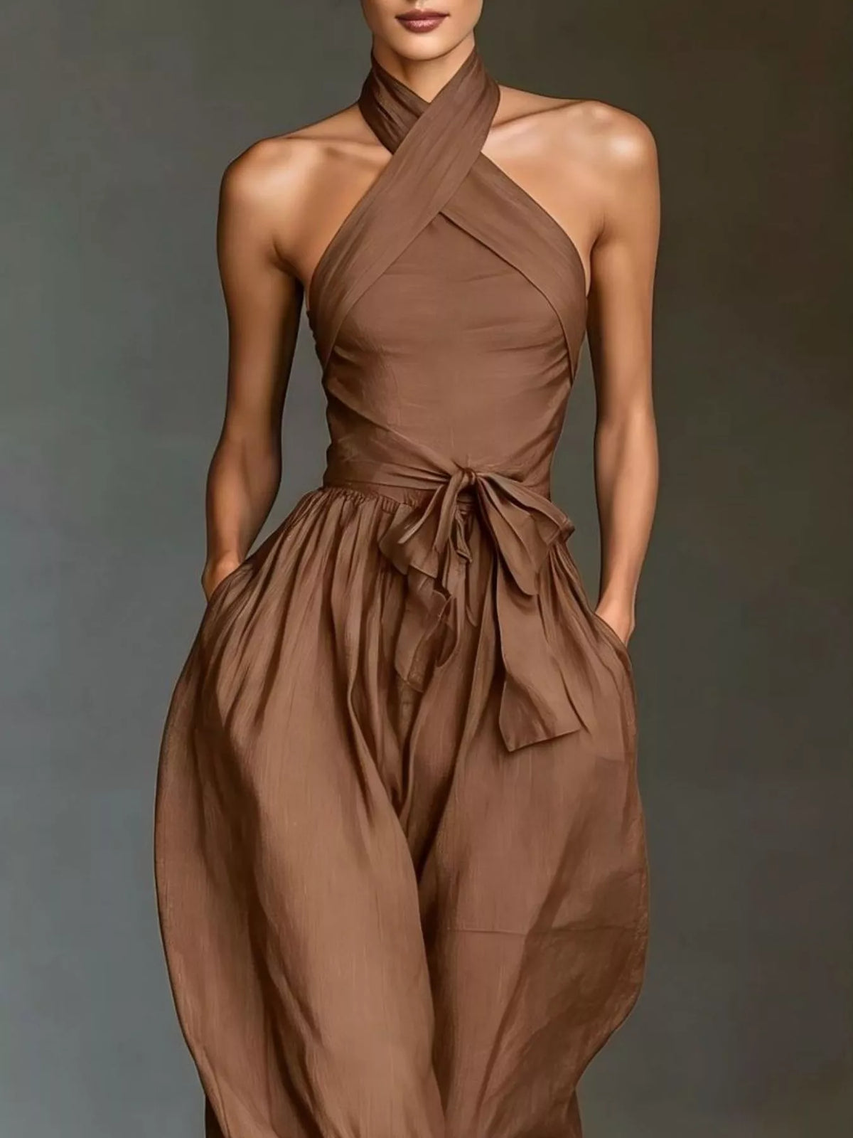 Halter Neck Wide-Leg Jumpsuit with Waist-Tie Detail - Brown - View 2