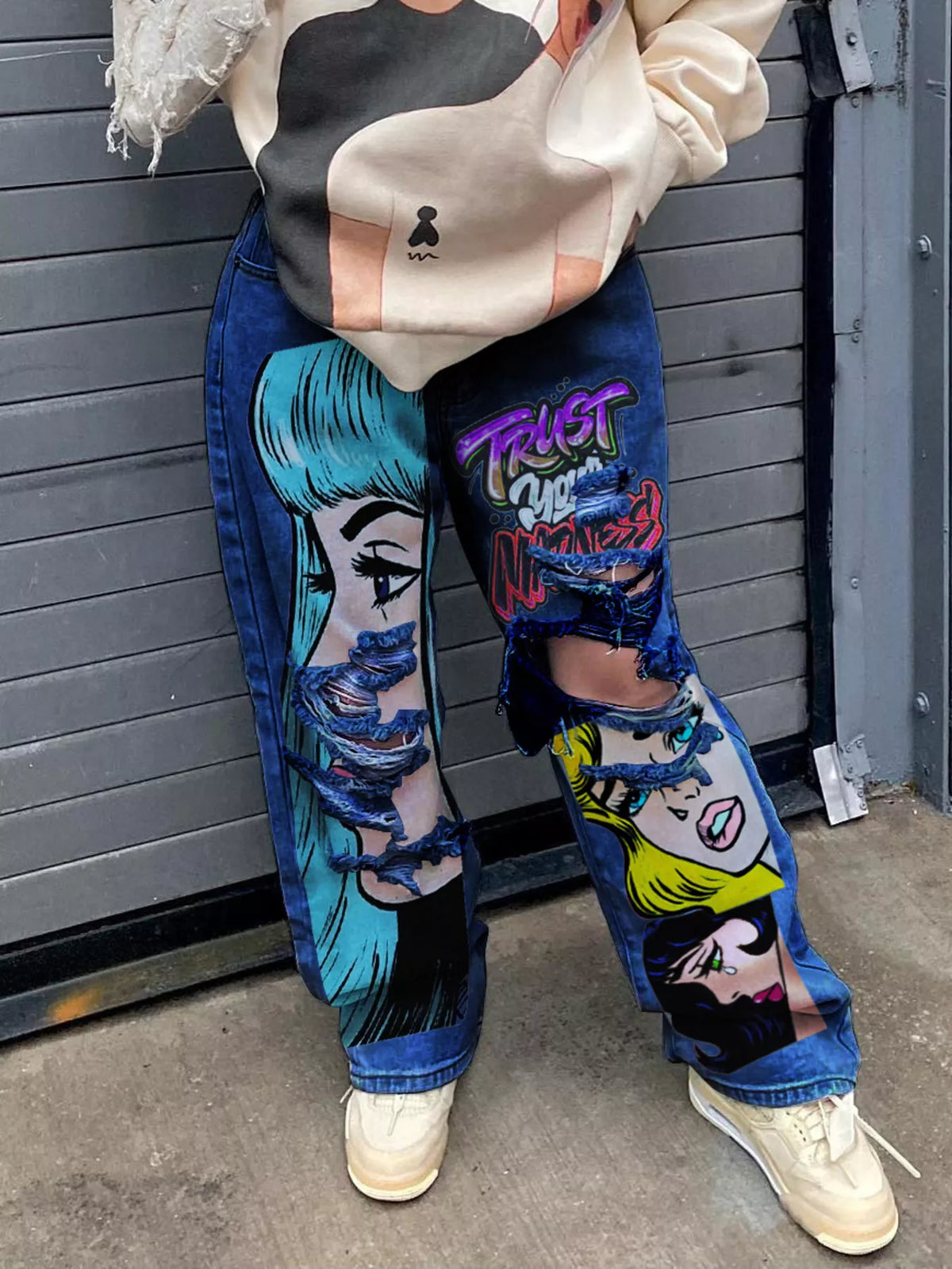 Full Size Pop Art Graphic Distressed Wide-Leg Jeans Plus Size - Dark Blue - View 1