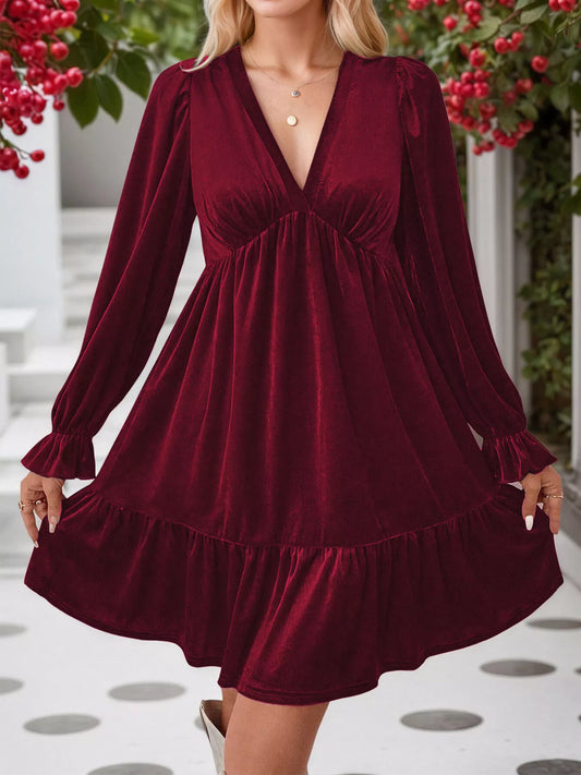 Velvet V-Neck Long Sleeve Ruffle Hem Mini Dress - Wine Red - View 1