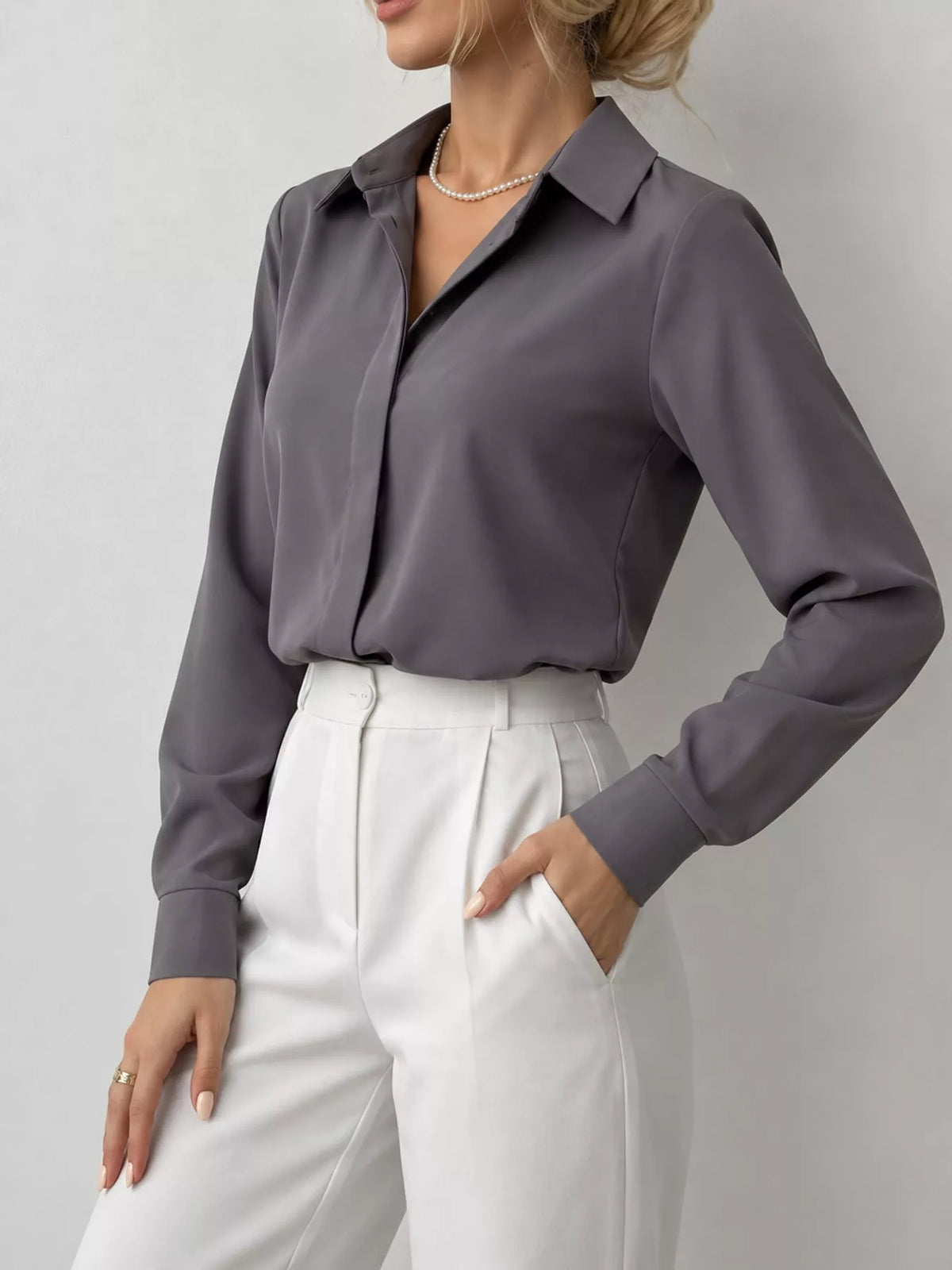 Button Up Long-Sleeve Shirt - Gray - View 5