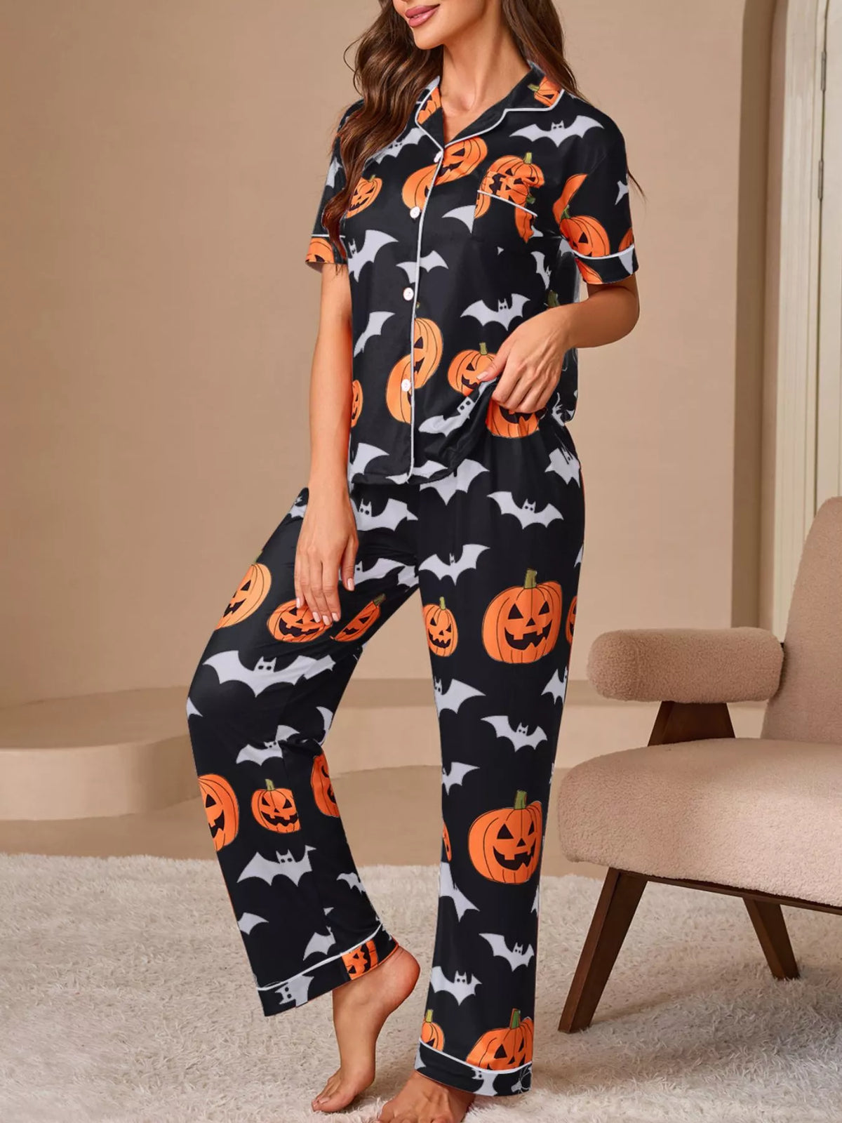 Halloween Pumpkin and Bat Print Button-Down Top and Pants Lounge Set - Black - View 1