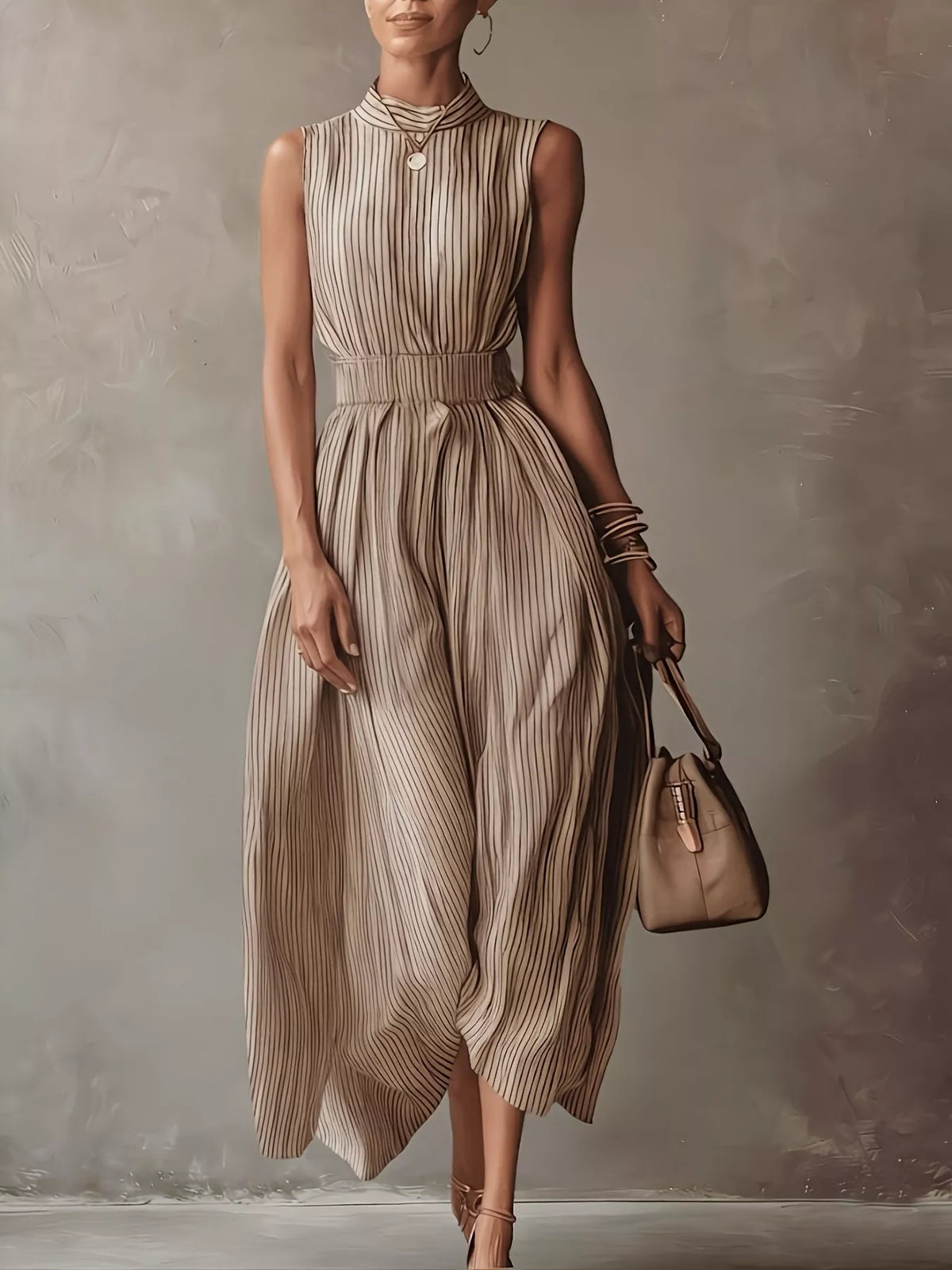 Striped Mock Neck Sleeveless Maxi Dress - Khaki - View 2