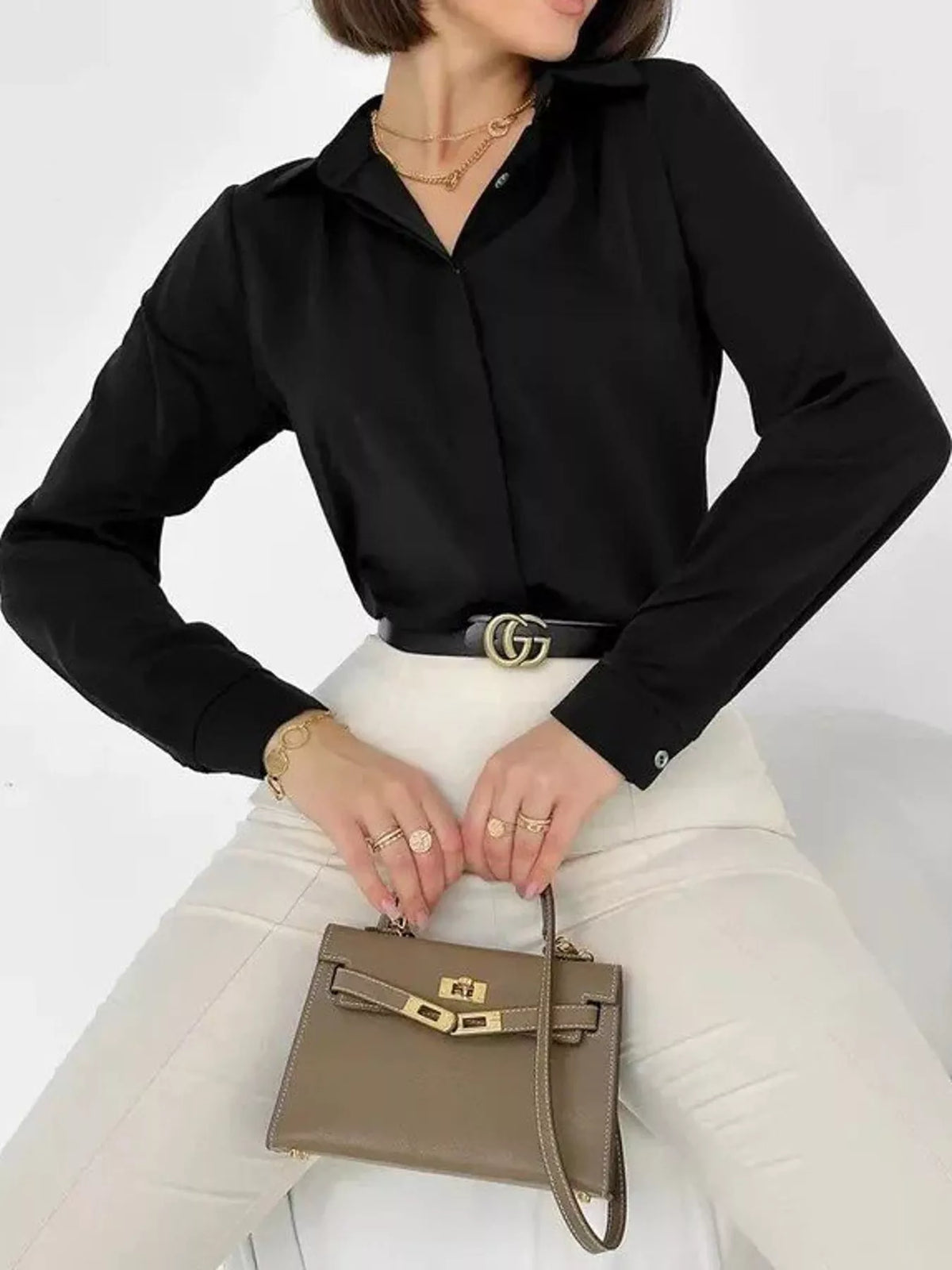 Button Up Long-Sleeve Shirt - Black - View 43