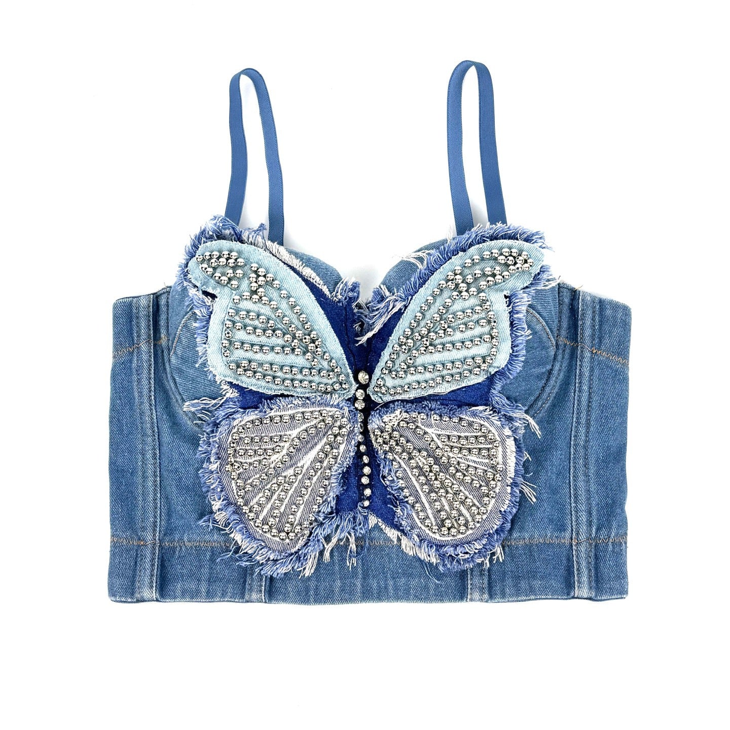 Cross-border Butterfly Strapless Bra with Unique High-end Feel, Fitted Spliced Denim Boned Bustier Camisole
