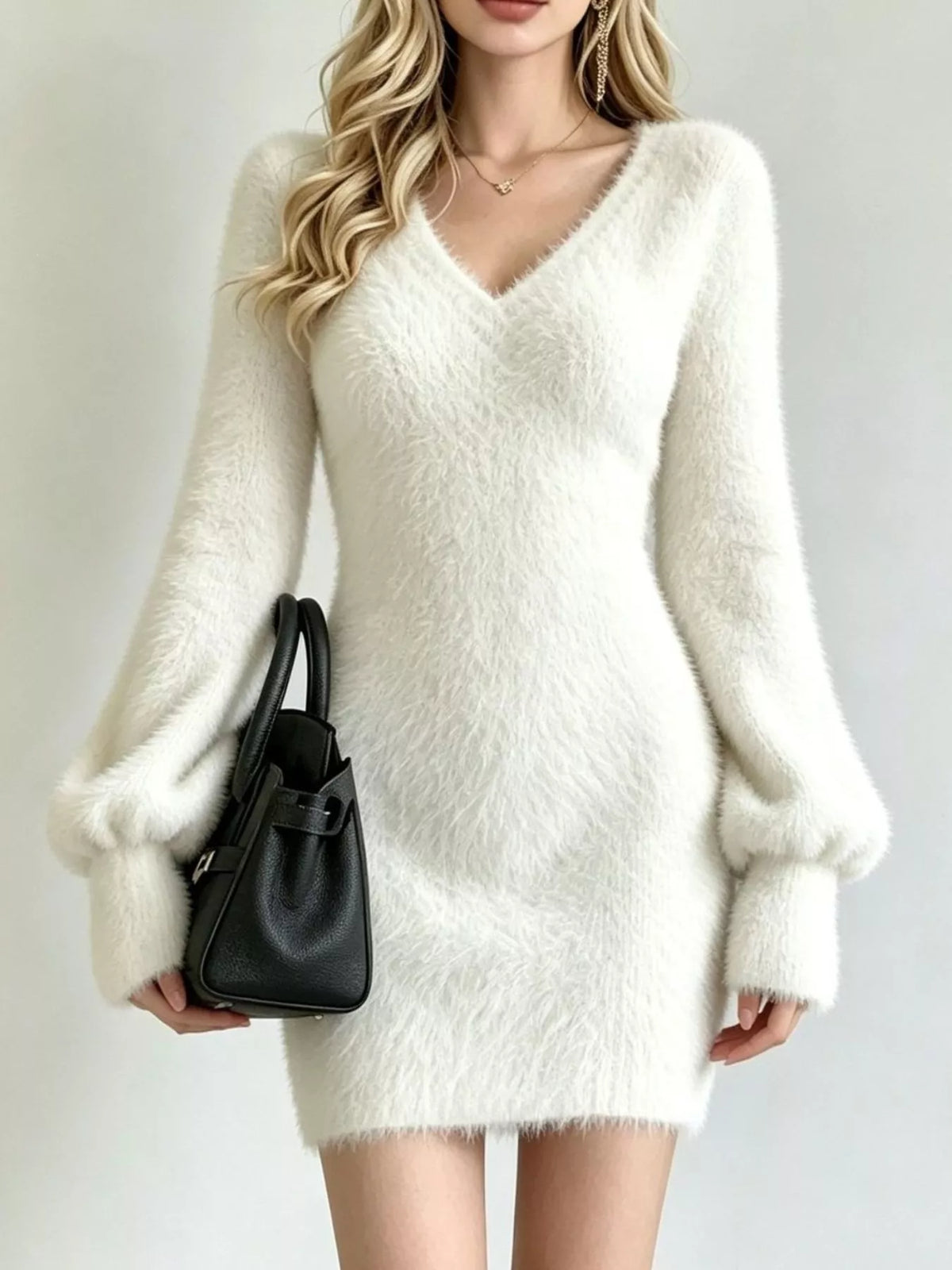 Fuzzy V-Neck Long Sleeve Sweater Dress - White - View 5
